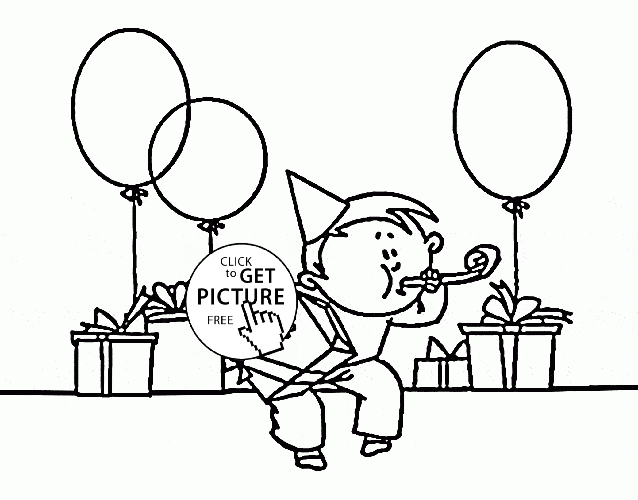 Funny Boy and Birthday present and Balloons coloring page for kids ...