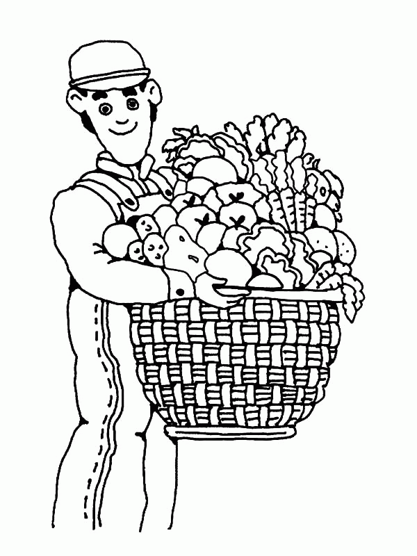 Farmer and a Basket of Fruit Harvests Coloring Pages | Coloring Sun