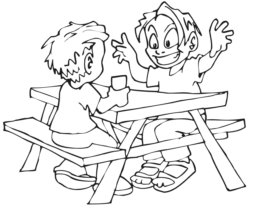 Picnic Coloring Page | 2 Kids At Picnic Table