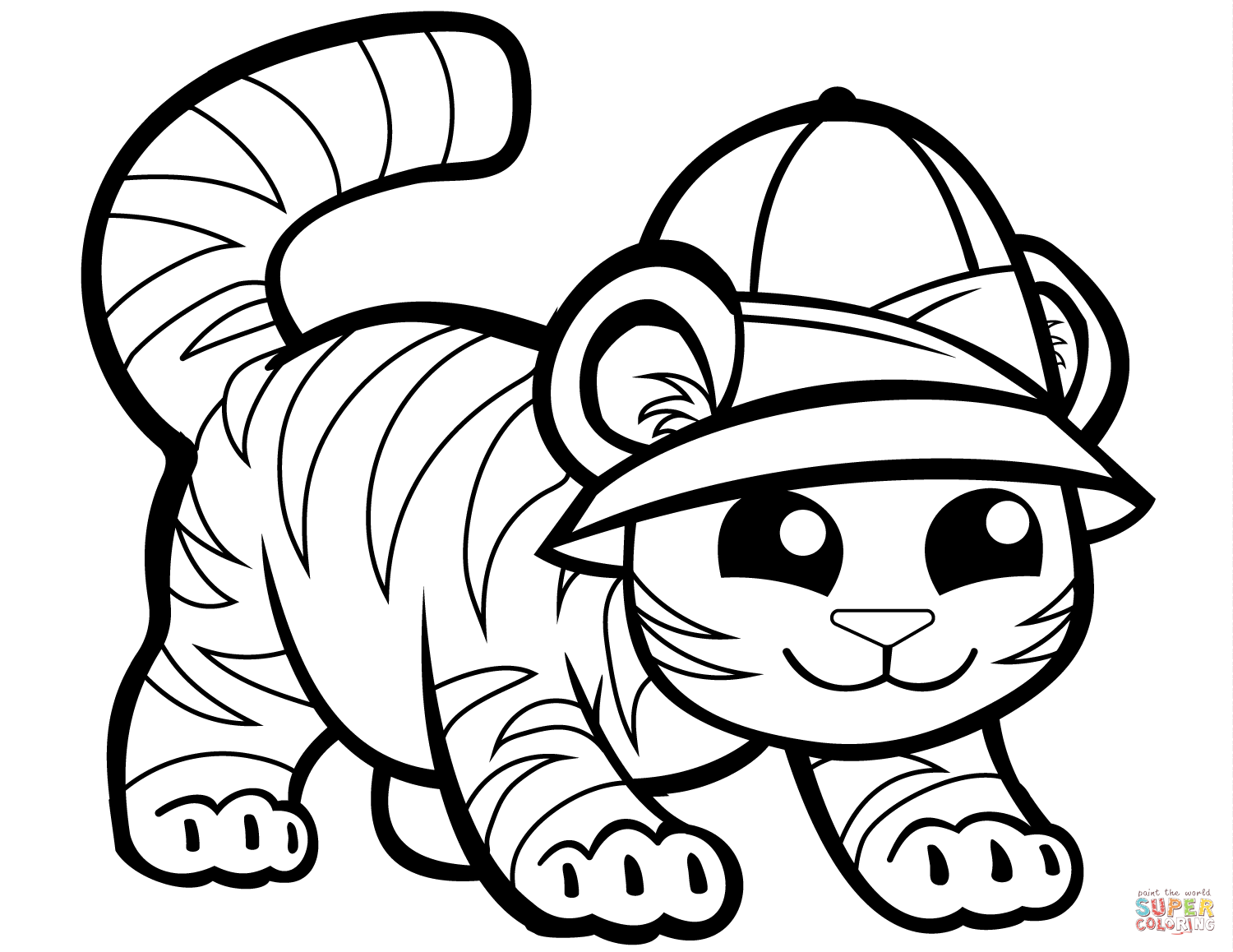 Cute Tiger in Cap coloring page | Free Printable Coloring Pages