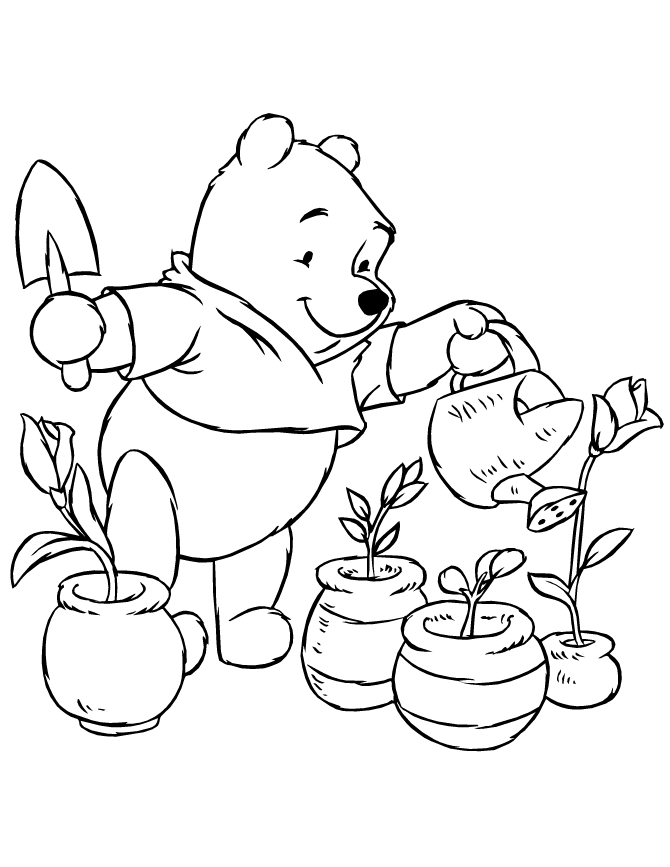 Cute Pooh Bear Watering Plants Coloring Page | Free Printable 