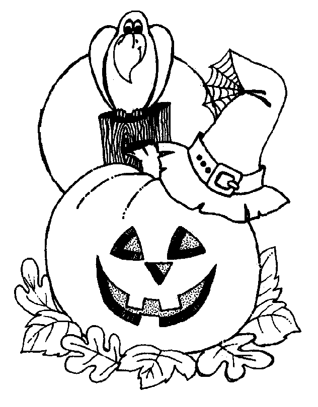 Halloween - Pumpkin, witch hat and crow coloring page 