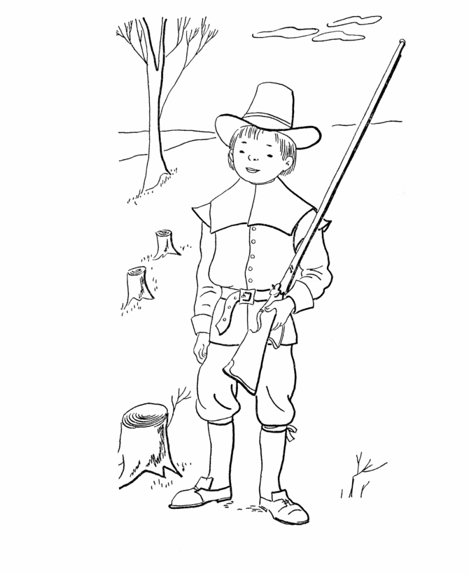 Boy Pilgrim Hunter | - coloring pages -