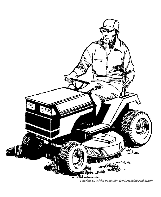 Farm Equipment Coloring Pages | Farmer on a Lawn tractor Coloring 