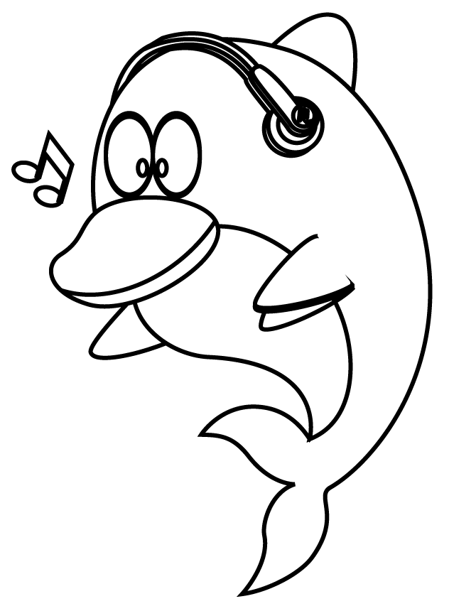 Cute Dolphin Listening To Music Coloring Page | H & M Coloring Pages