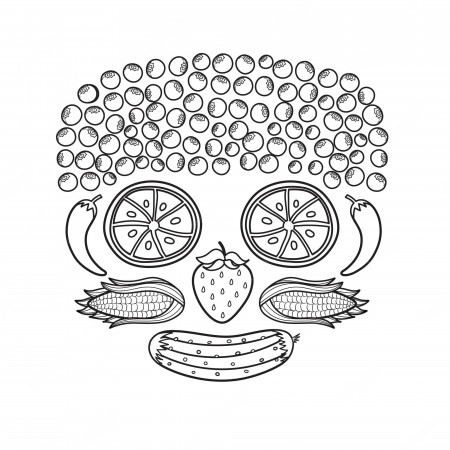 Premium Vector | Black and white fruit and vegetable face funny healthy coloring  page with oranges instead of eyes