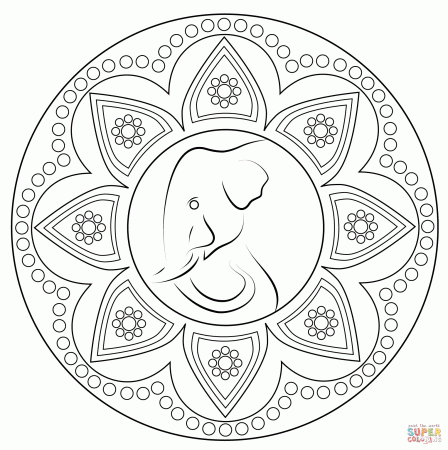 Indian Rangoli with Elephant coloring page | Free Printable ...