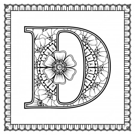 Premium Vector | Letter d made of flowers in mehndi style coloring book page  outline handdraw vector illustration