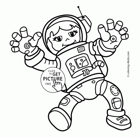Spaceman girl in the space coloring pages for kids, printable free