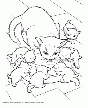 Cat Coloring Pages | Printable Cat and kittens drinking milk Coloring Page  | HonkingDonkey