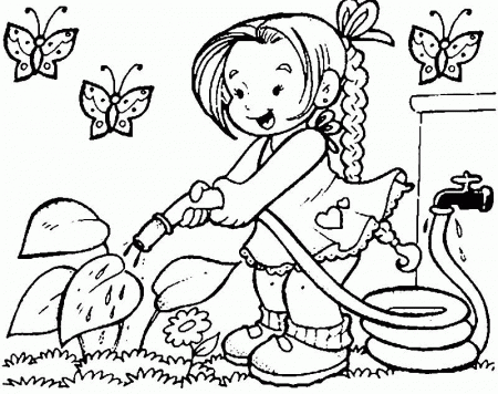 watering the flowers on spring coloring page - Flower Coloring 