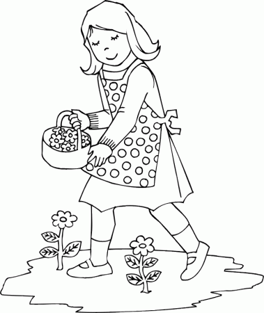Spring Flower Coloring Page | Girl Picking Flowers