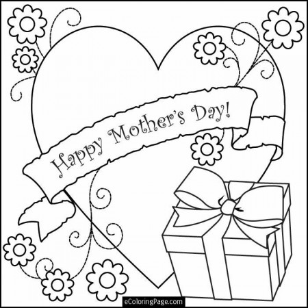 Happy Mothers Day Heart Flowers and Gift Box Printable Coloring 