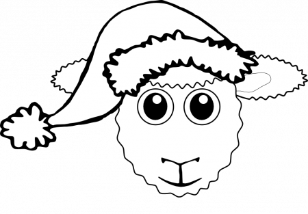 Sheep 1 face Cartoon Santa Hat Black White Line Coloring Sheet 