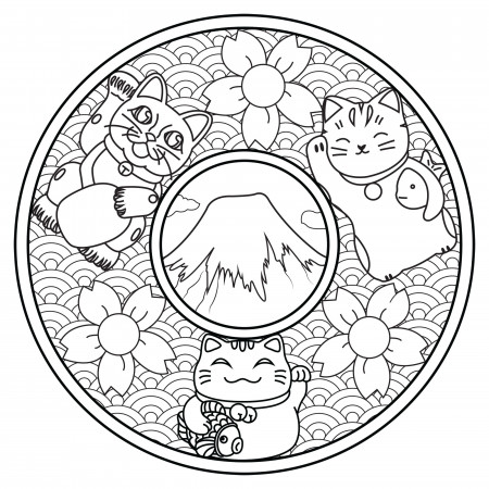 Mandala with three Maneki Neko - Mandalas Adult Coloring Pages