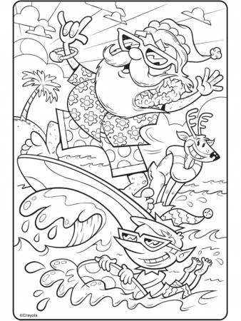 Surfing Santa and Reindeer Coloring Page | crayola.com