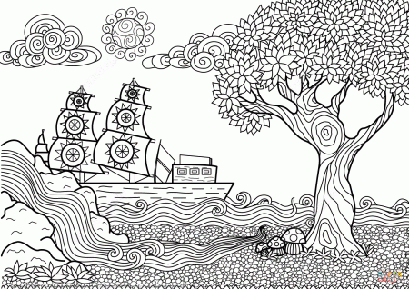 Seascape Zentangle coloring page | Free Printable Coloring Pages