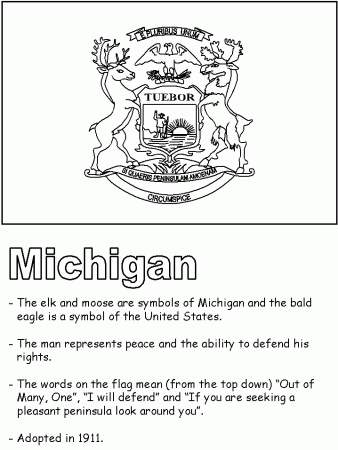 Michigan State flag and michigan information coloring page