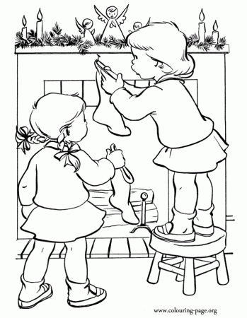 Christmas - Kids decorating the fireplace for Christmas coloring page