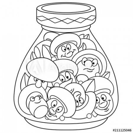 Coloring page. Coloring book. Pickles jar. Pickled champignon mushrooms.  Happy Food concept. Cartoon design for t-shirt print, icon, logo, label,  patch, sticker. - Buy this stock vector and explore similar vectors at