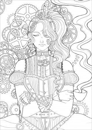 Steampunk woman with coffee Version 2 - Vintage Adult Coloring Pages
