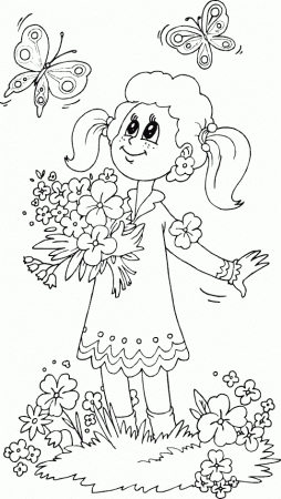 girl with flowers watching butterflies coloring page - coloring.com