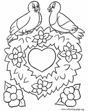 Valentine's Day - Two birds sitting on a heart of flowers coloring ...