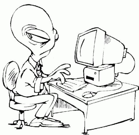 Alien working on a computer coloring page! This alien sits at the ...