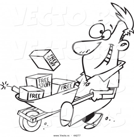 Vector of a Happy Cartoon Man Pushing Dynamite and Free Stuff in a  Wheelbarrow - Coloring Page Outline by toonaday - #44277