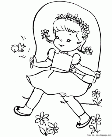 Print out spring cute girl jumping rope coloring page - Free ...