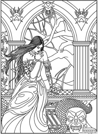 Print adult fantasy woman skulls snake Coloring pages
