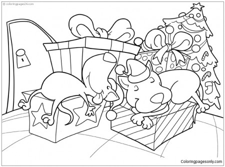 Two Dogs Sleeps On Christmas Morning Coloring Page - Free Coloring ...