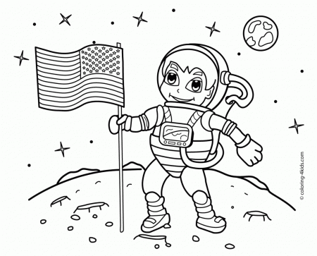 Astronaut On The Moon Coloring Pages With Us Flag For Kids Space ...