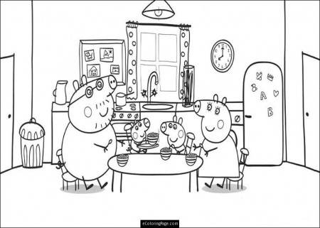 Peppa Pig and Family Eating Coloring Page for Kids Printable 