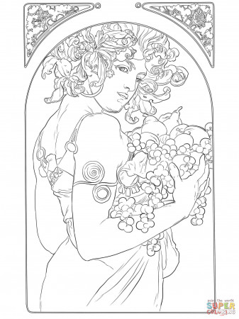 Fruit by Alphonse Mucha coloring page | Free Printable Coloring Pages
