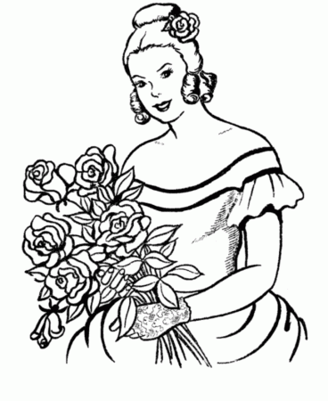 Valentine's Day Flowers - Pretty Girl with Flowers Coloring Page 