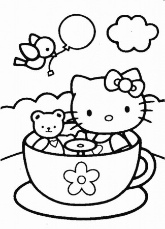 Hello Kitty And Teddy Bear In Tea Cup Printable Coloring Pages 