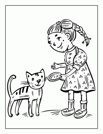 Little Girl Feeding Cat Coloring Page | Kids Coloring Page