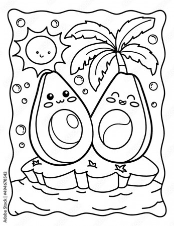 Kawaii coloring page. Cute avocados on the island. Rainbow. Coloring book  with avocado.Black white illustration. Stock Vector | Adobe Stock
