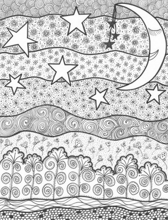 Adult coloring page moon sun stars : Starry night 10