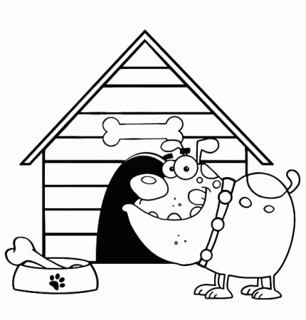 Bulldog With A Bone Outside His Dog House Coloring Page