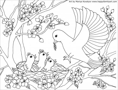 Bird Moms and Baby Coloring Page - ColoringBay