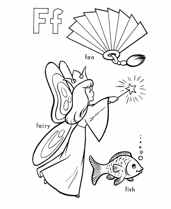 ABC Alphabet Coloring Sheets - F is for fan / fairy | HonkingDonkey