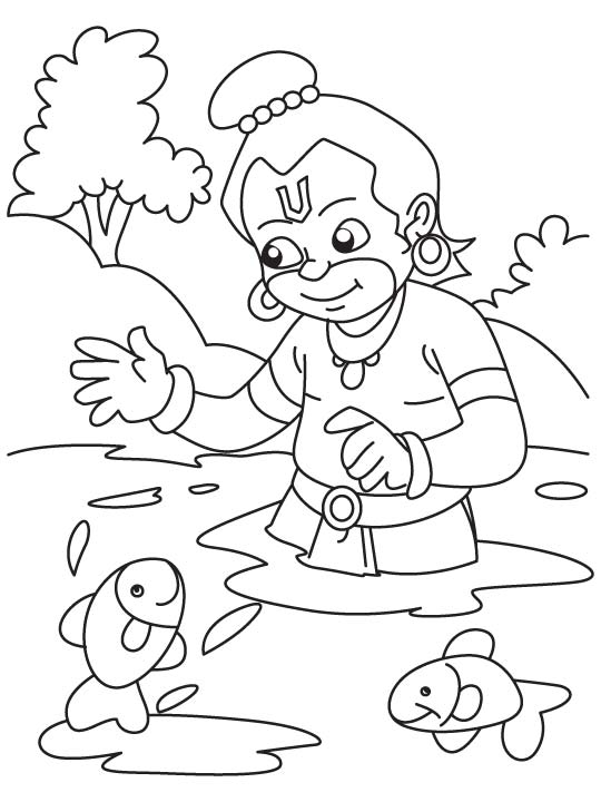 Hanuman ji in lake coloring page | Download Free Hanuman ji in lake coloring  page for kids | Best Coloring Pages