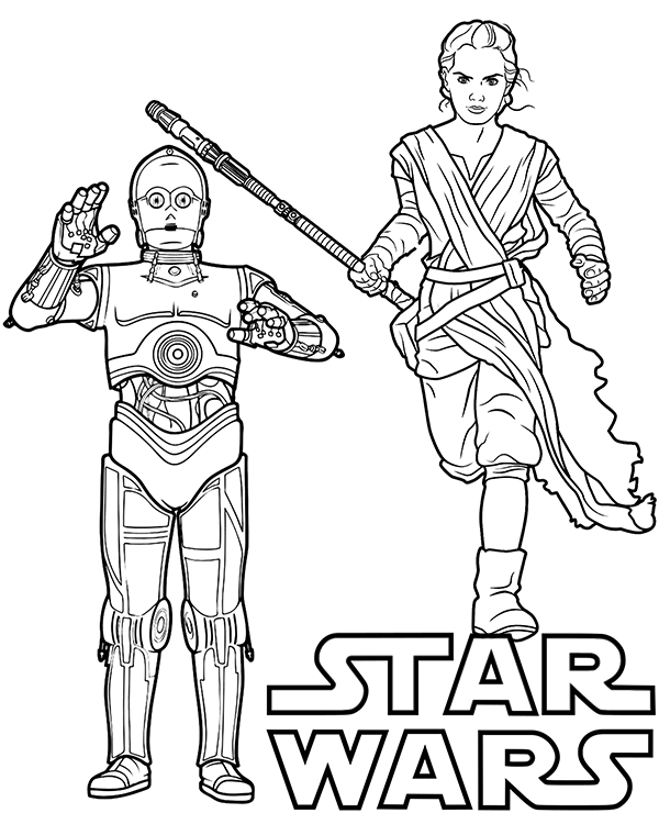 Rey and C-3PO on Star Wars printable coloring page, sheet