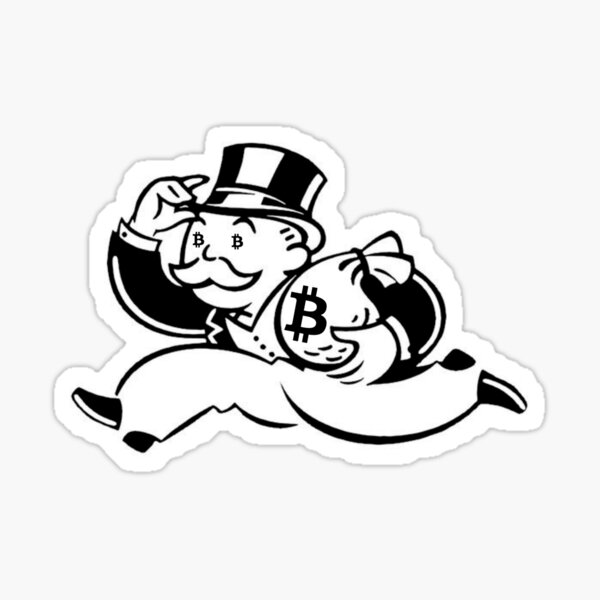 Mr. Monopoly running with bag of bitcoin