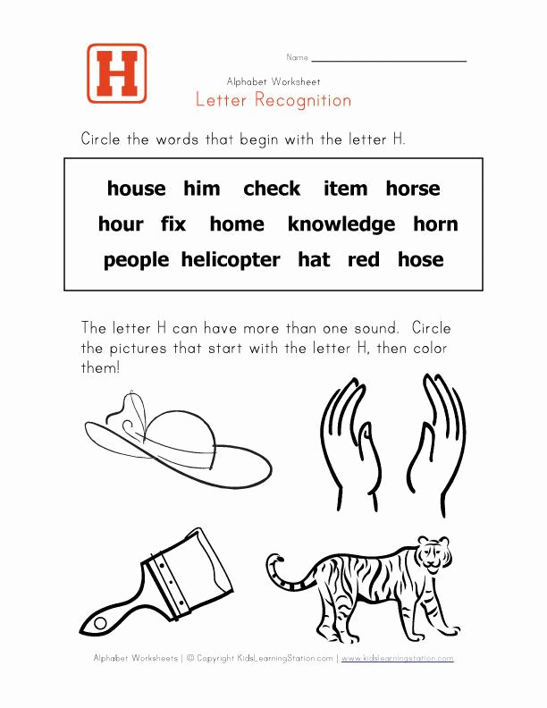 Words that start with the letter H | children's worksheets ...
