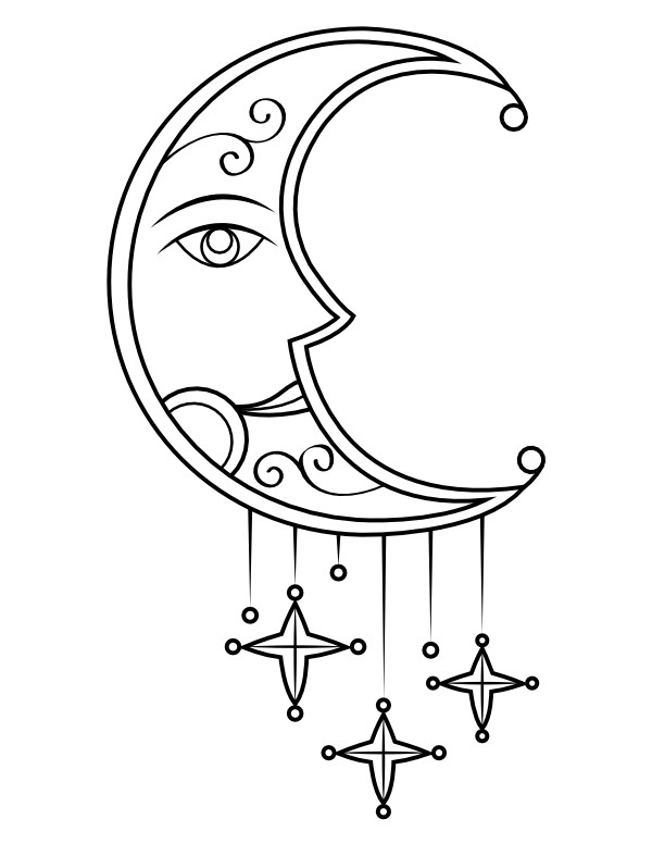 Printable Victorian Moon and Stars Coloring Page