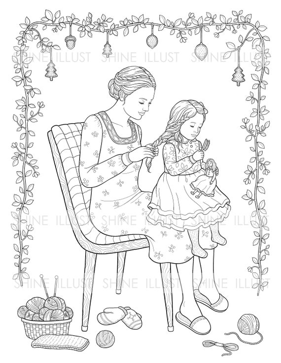 Combing Hair Mom and Daughter Coloring Printable Coloring | Etsy