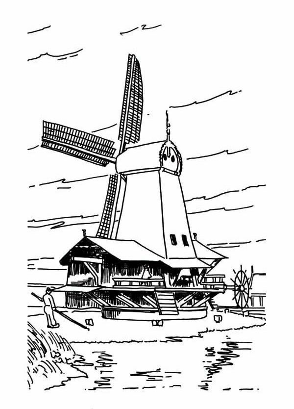 Farmhouse Near the Windmills Coloring Pages : Batch Coloring